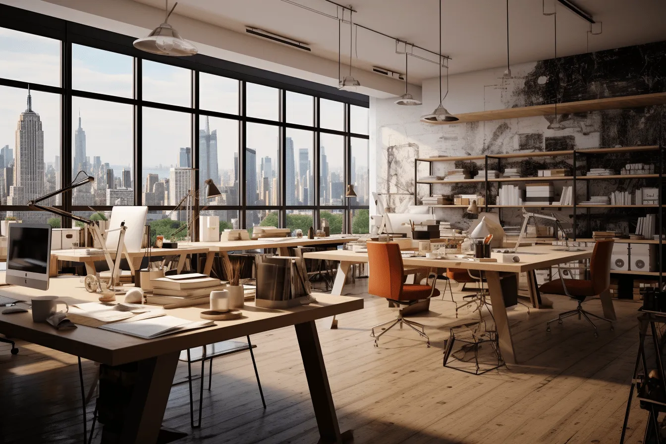 Office room is shown with furniture and a large balcony, industrial urban scenes, wood sculptor, 8k resolution, busy landscapes, new york school, focus on joints/connections, modern design