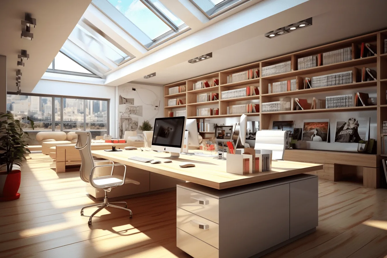 Office with lots of books, wood, and a sky light, realistic hyper-detailed rendering, glossy finish, solarizing master, light silver and beige, future tech, happenings, warm tonal range