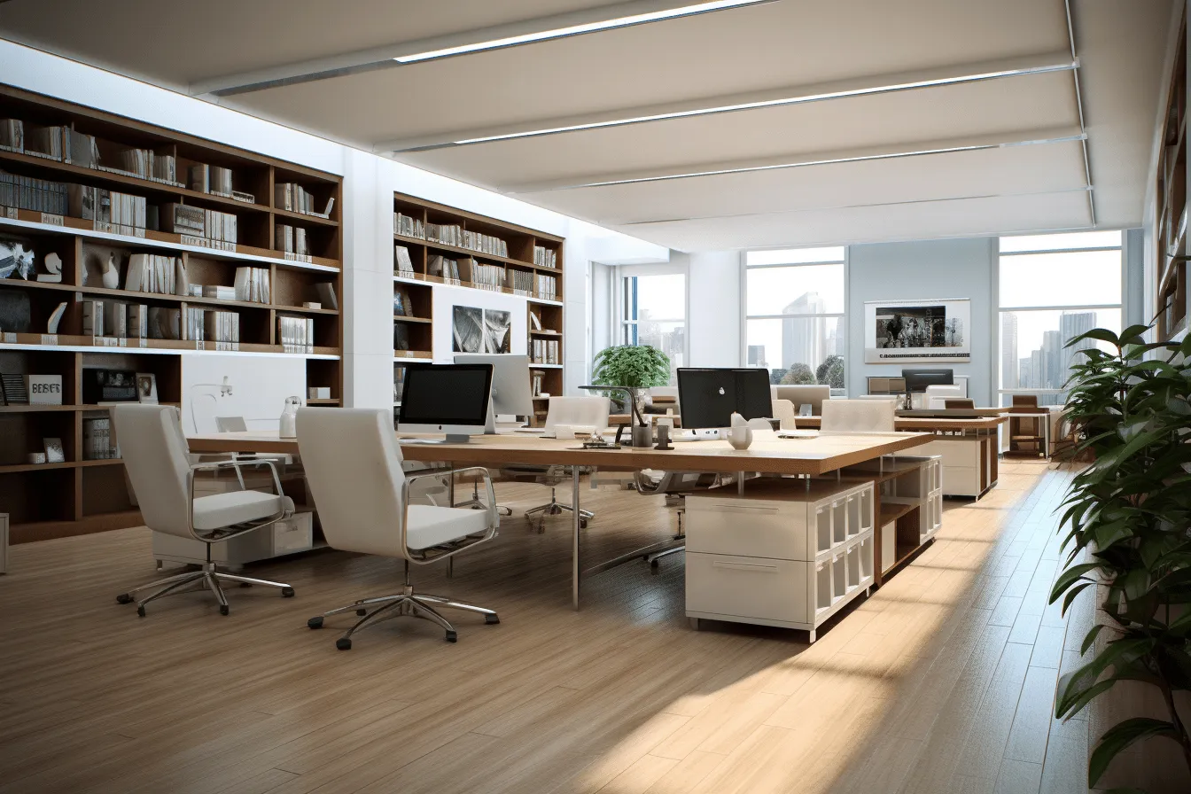 Office with white carpet flooring, daz3d, atmospheric ambience, deutscher werkbund, varying wood grains, smooth and shiny, post processing, solarization