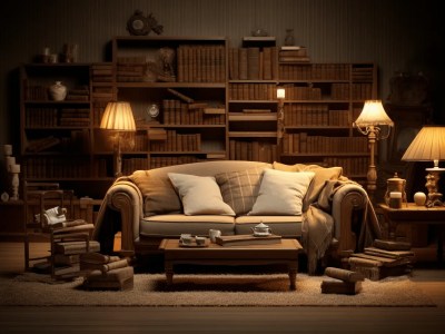 Old Couch With Lamps And A Bookcase