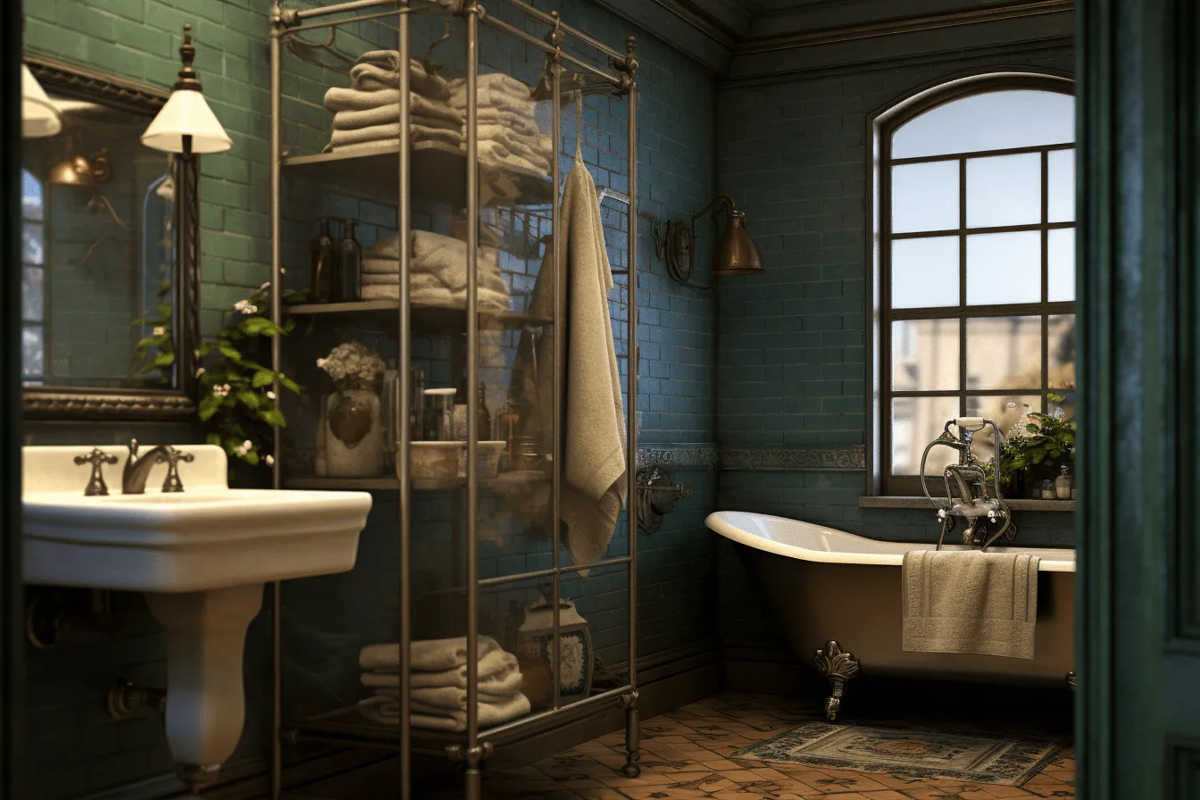 3d rendered image of a bathroom with white cabinets and a tub on a blue wall, steampunk inspired, uhd image, moody and atmospheric, historical genre, soggy, light bronze and green, glass as material