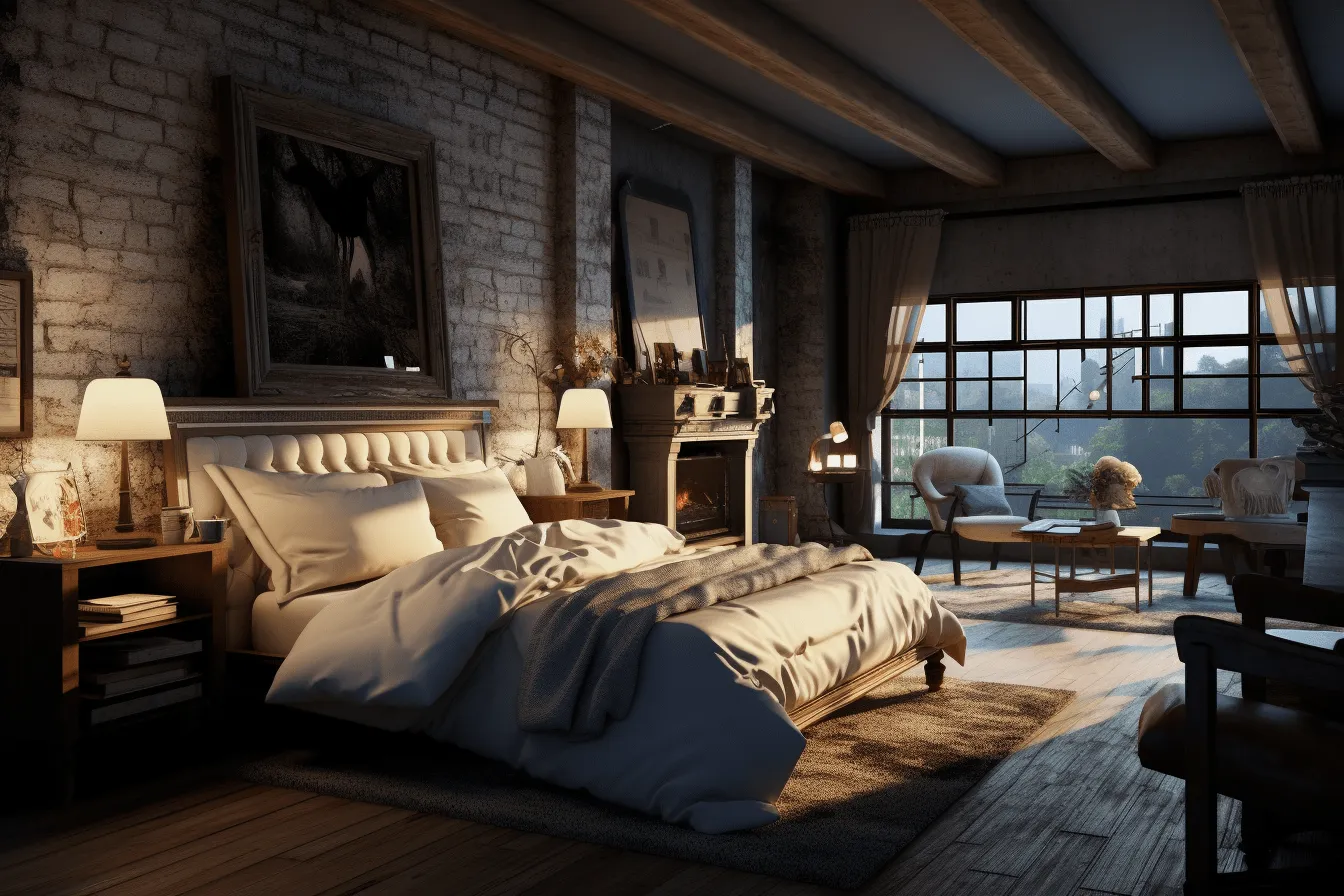 Wooden floors in this bedroom, rendered in unreal engine, captivatingly atmospheric cityscapes, golden light, industrial elegance, leica r3, romantic atmosphere, 32k uhd