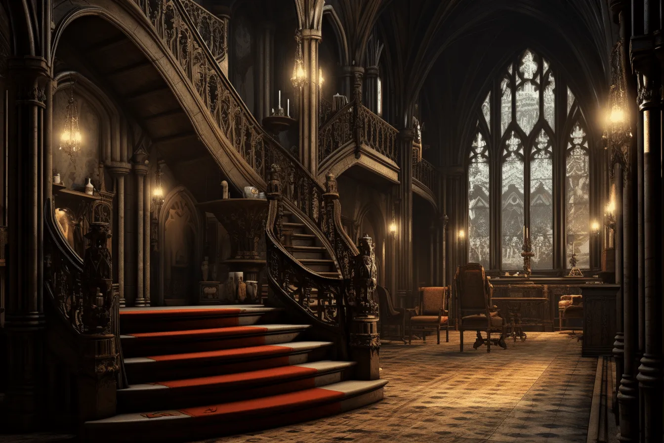 Some stairs up into some wooden cathedral, darkly romantic realism, luxurious opulence, matte painting, dark red and white, cryengine, gothic revival, lively interiors