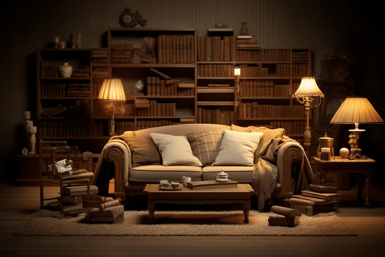 Old couch with lamps and a bookcase, physically based rendering, night photography, light brown, cluttered, soft focal points, carved wood blocks, highly staged scenes