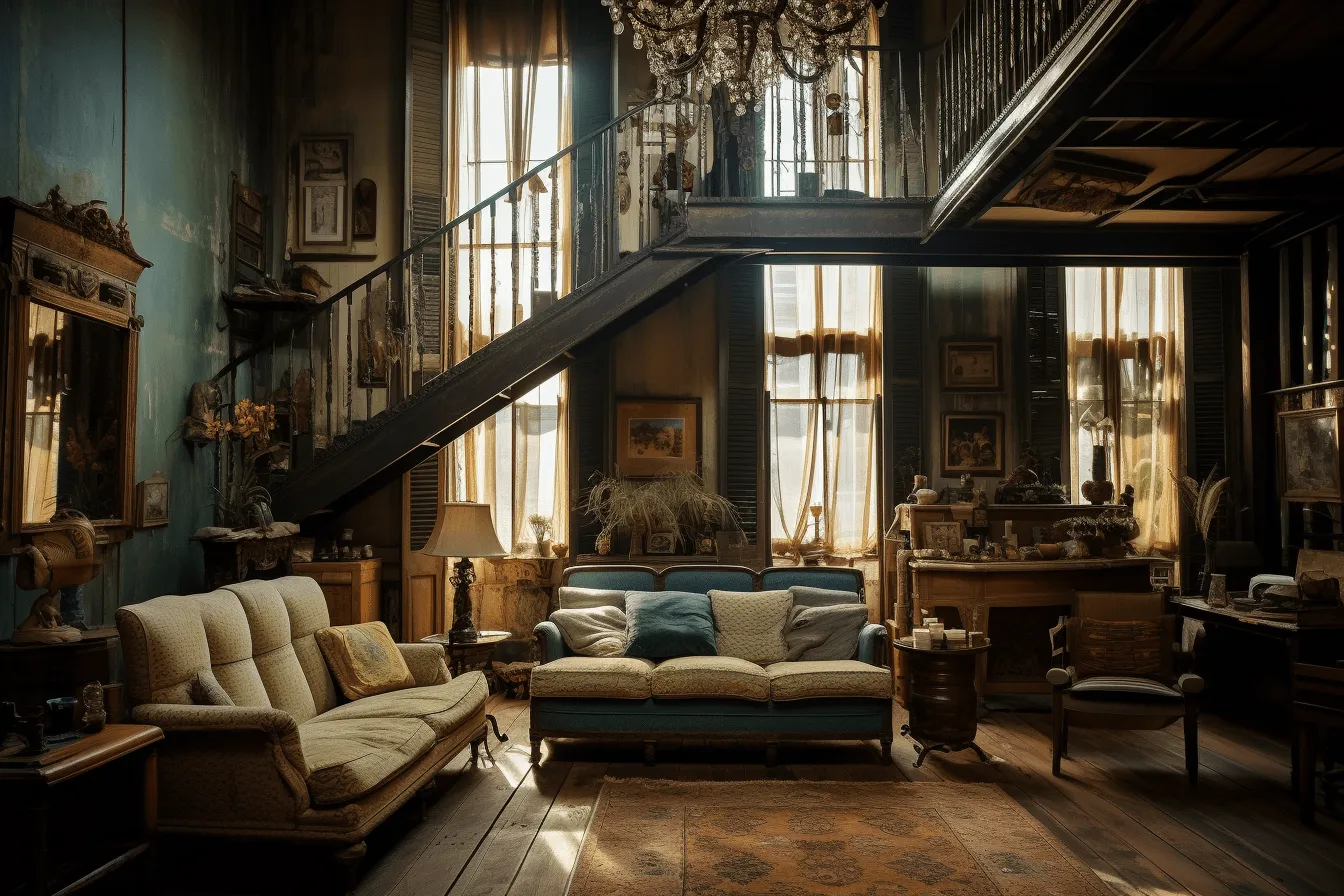 Old fashioned living room scene, moody atmospheres, multilayered, 8k resolution, brown and blue, natural light, grandeur of scale