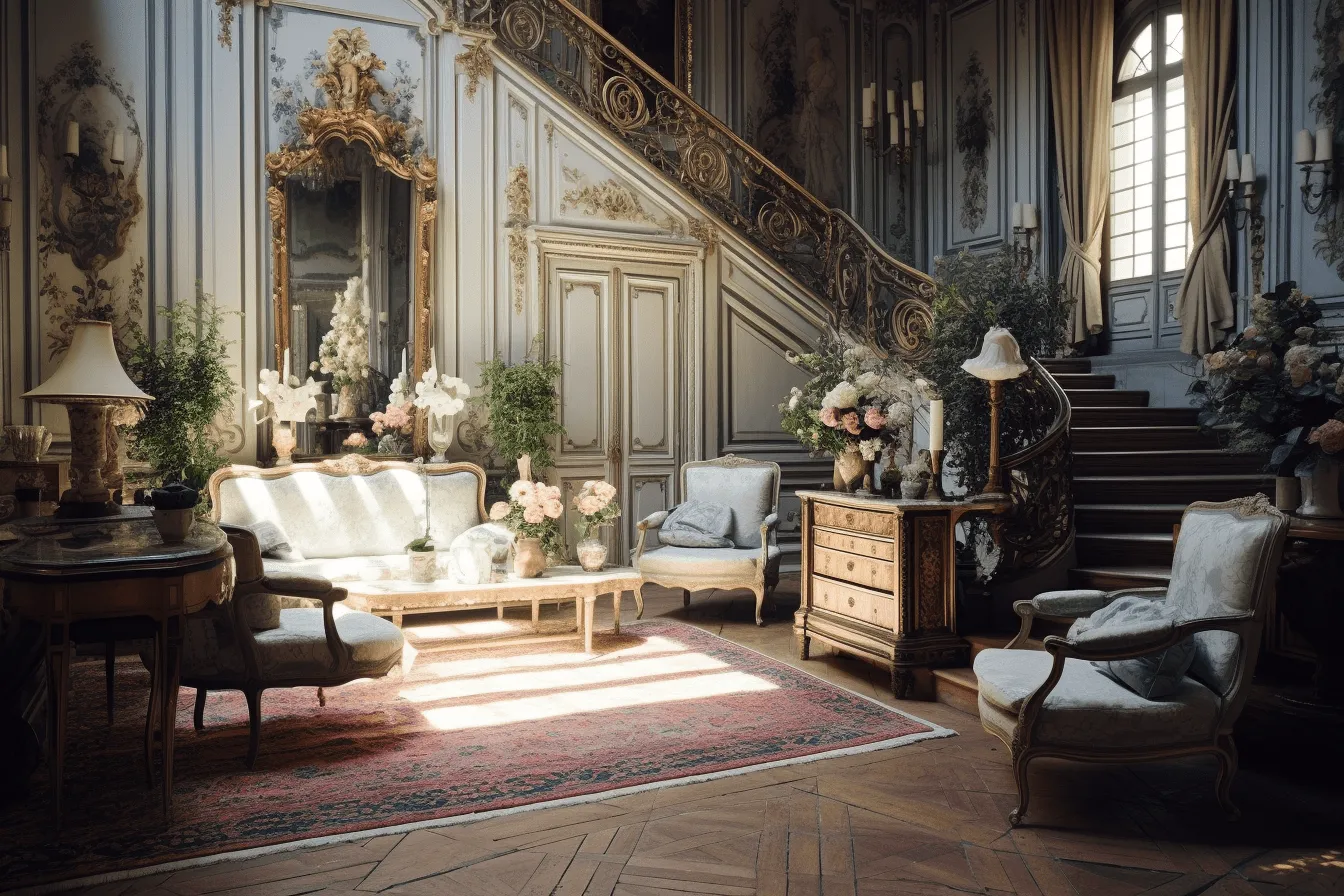 Old fashioned living room with stairs, luxurious textures, ray tracing, vignettes of paris, unreal engine 5, realistic yet romantic, uhd image, richly layered