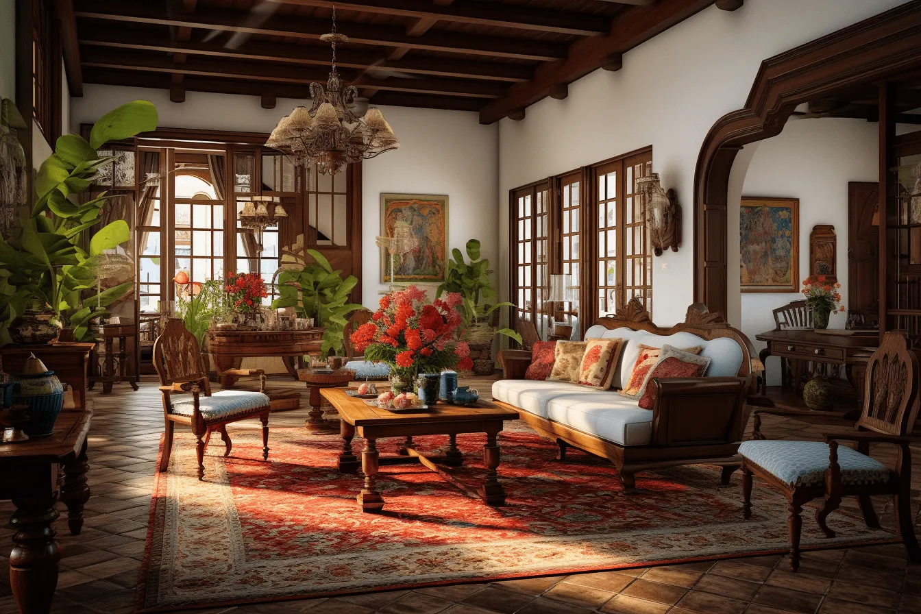 Old  fashioned styled living room, exotic atmosphere, dark white and light red, uhd image, hispanicore, neotraditional, orient-inspired, weathercore