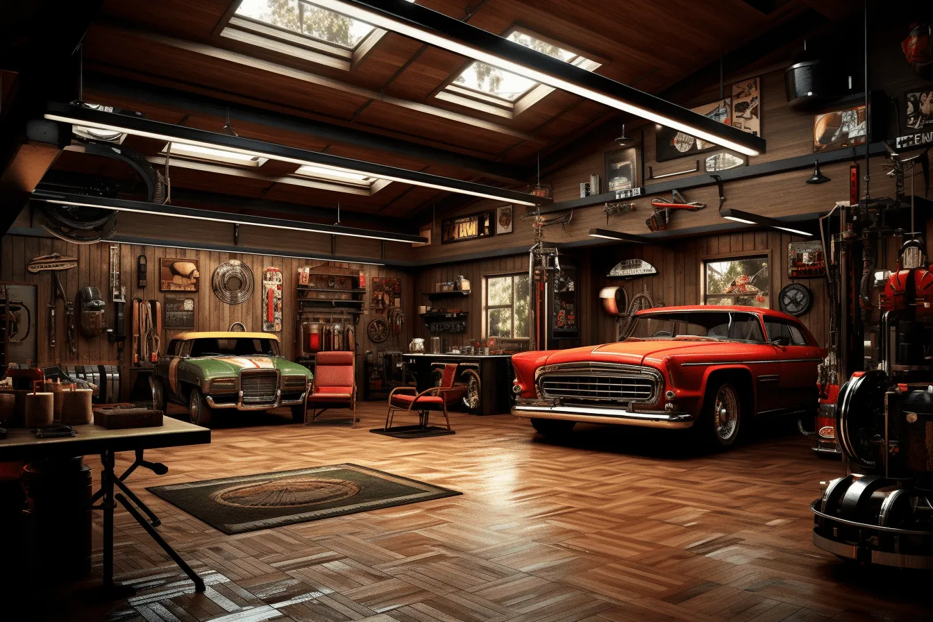 Wood floor in the garage, concept art, classic americana, realistic and hyper-detailed renderings, captivating lighting, crimson and amber, use of traditional techniques, cabincore