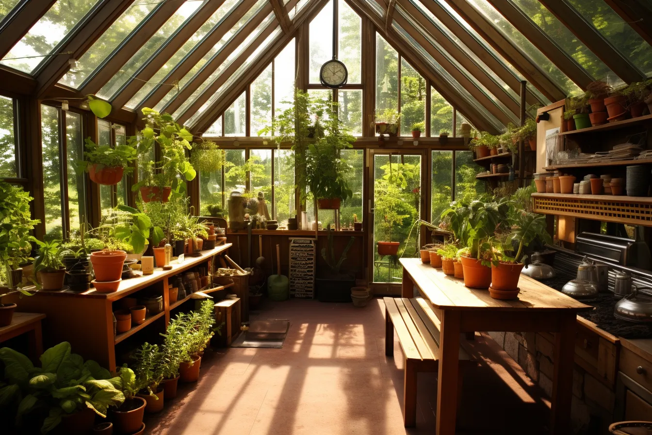 Greenhouse covered in plants and potted planters, natural lighting, cabincore, sunrays shine upon it, light brown and green, study, simple, intricate woodwork