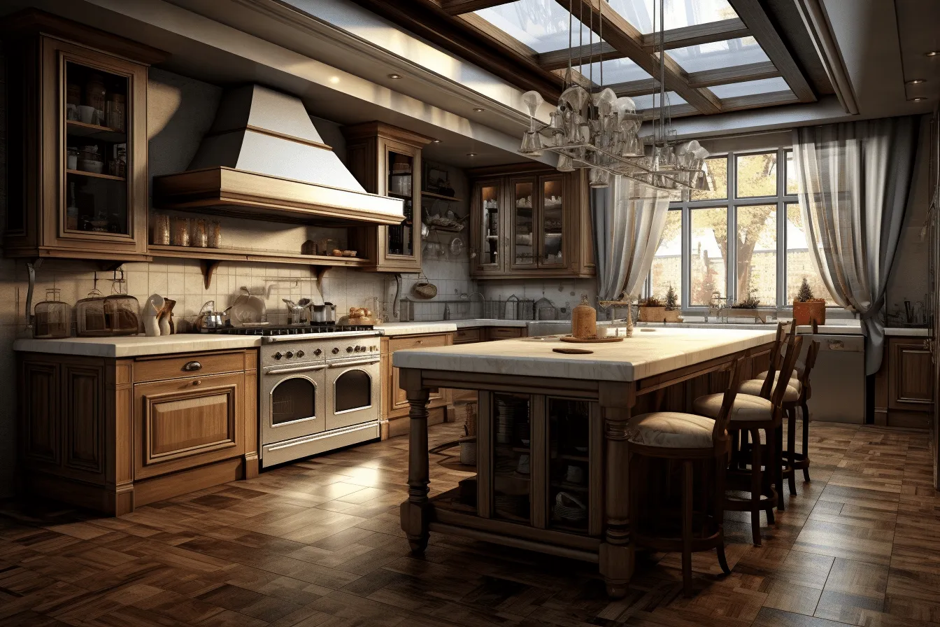 Image of a large kitchen, nostalgic romanticism, daz3d, meticulous design, high detailed, retro-style, wood, 32k uhd