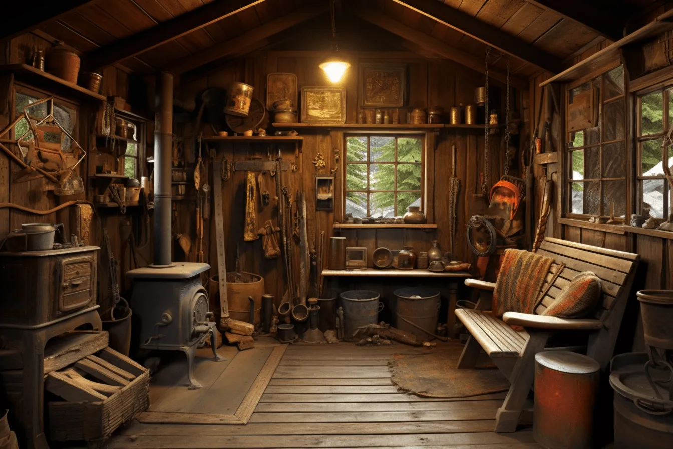 Old items in a cabin, realistic and hyper-detailed renderings, accurate and detailed, metalworking mastery, smokey background, uhd image, cabincore, i can't believe how beautiful this is