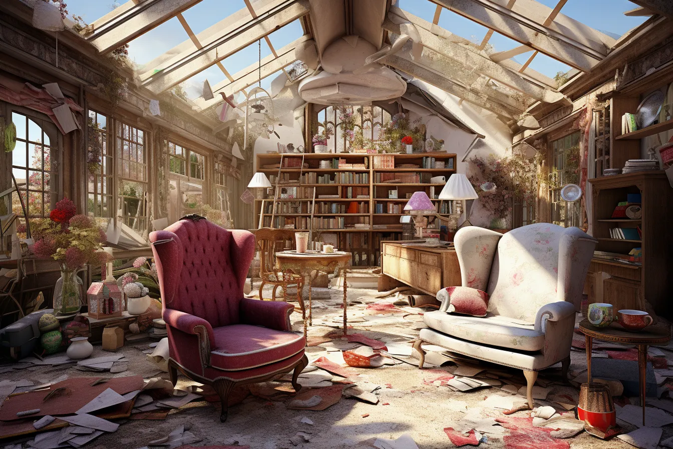 Room on top of a tree with a chair and chairs, highly detailed environments, realistic genre scenes, mimicking ruined materials, light crimson and pink, photographically detailed portraitures, sunrays shine upon it, luxurious interiors