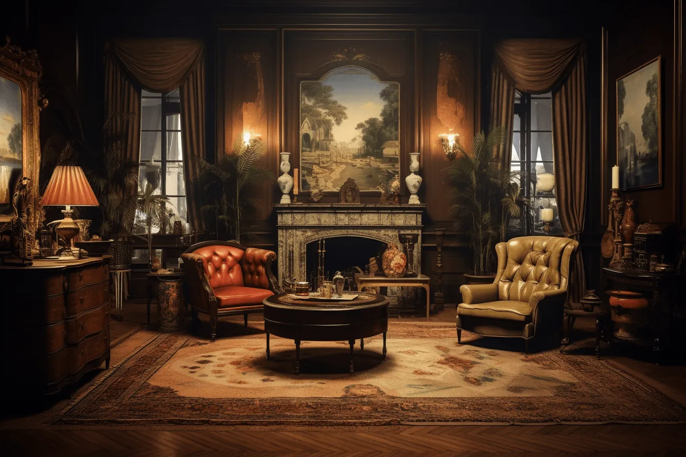 Elegant looking living room with portraits in place, unreal engine 5, dark amber and gold, highly detailed environments, pastoral nostalgia, lush and detailed, moody, flamboyant
