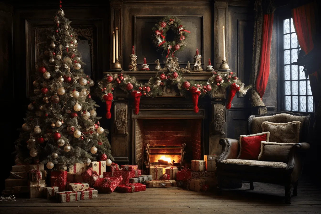 Christmas room has a christmas tree and presents, moody tonalism, traditional photographic techniques, vray, red and bronze, moody and atmospheric, spectacular backdrops, red and gray