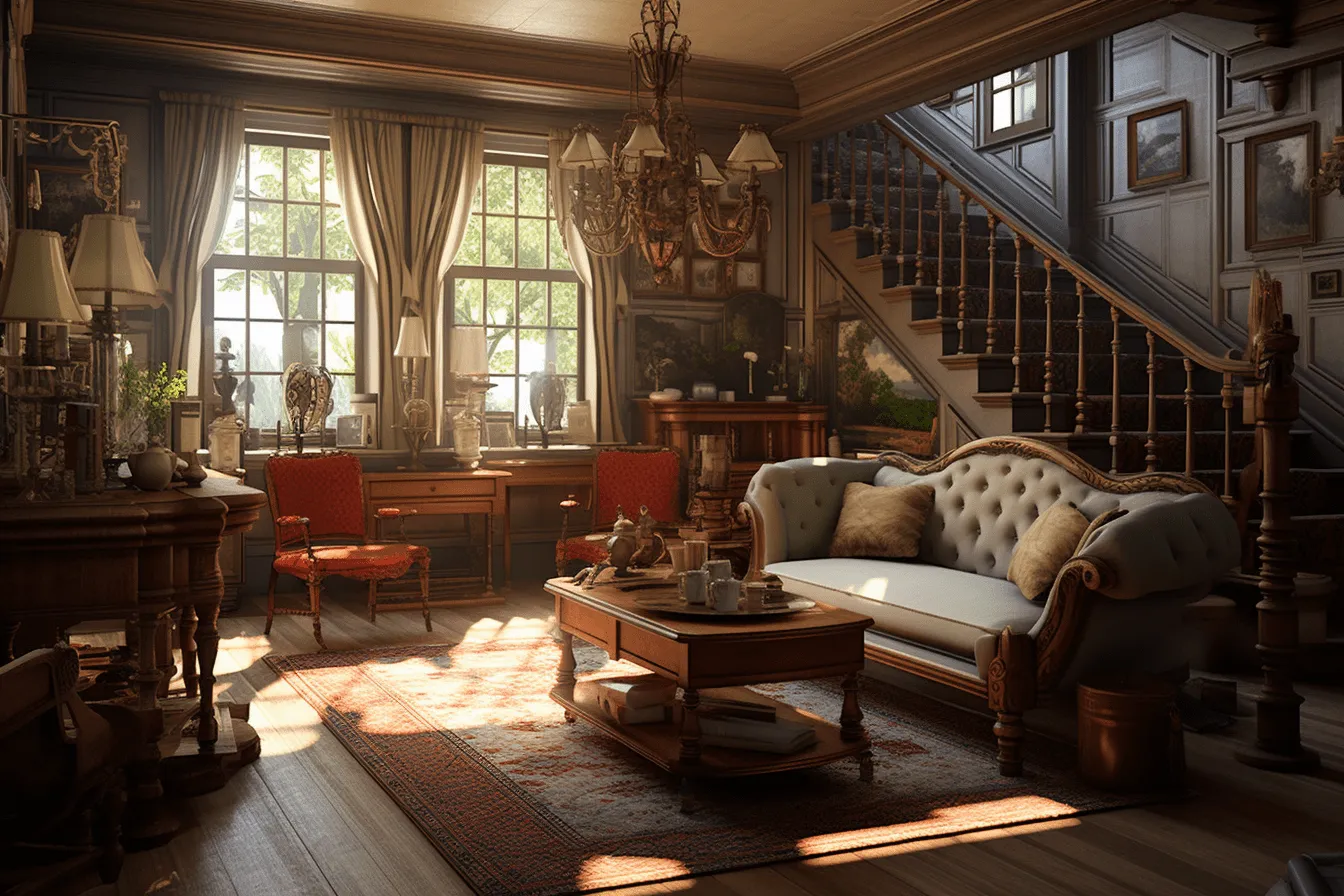 Old style living room, unreal engine 5, nature-inspired art nouveau, realistic portrayal of light and shadow, red and amber, dutch marine scenes, eerily realistic, french countryside