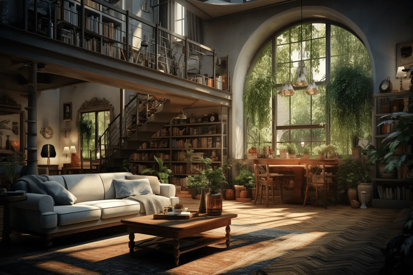 Old style living room with lots of windows, vray tracing, nature-inspired, industrial urban scenes, storybook illustrations, exquisite lighting, 32k uhd, highly detailed foliage