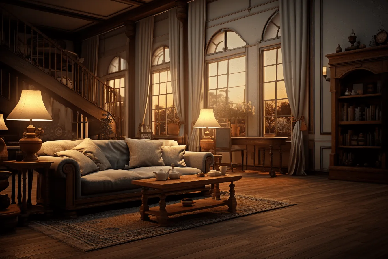 Furniture in the front room, cryengine, soft, romantic landscapes, dramatic atmospheric perspective, rendered in maya, golden light, swiss style, classical architecture