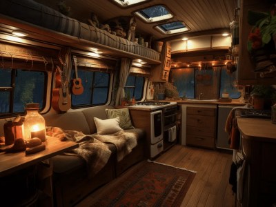 On The Inside Of A Van With Lots Of Lights And Wooden Interior Furniture