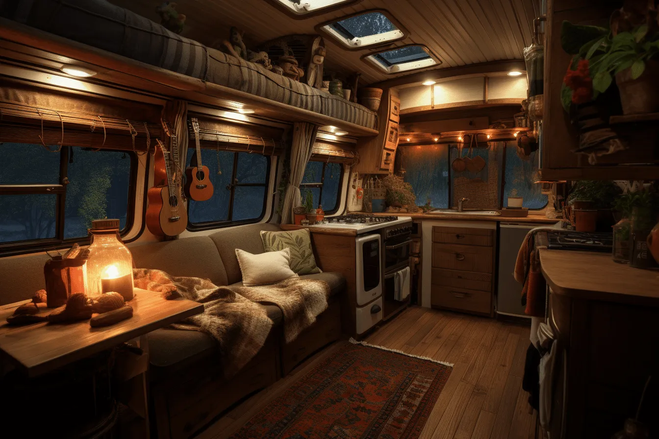 On the inside of a van with lots of lights and wooden interior furniture, tonalist color scheme, solarizing master, highly staged scenes, earthy tones, photo-realistic techniques, 32k uhd, vintage aesthetics