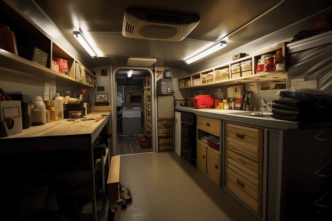 Interior of a van with large refrigerator, industrial-inspired, skillful lighting, site-specific work, nikon af600, red and gray, traditional craftsmanship, nikon d850
