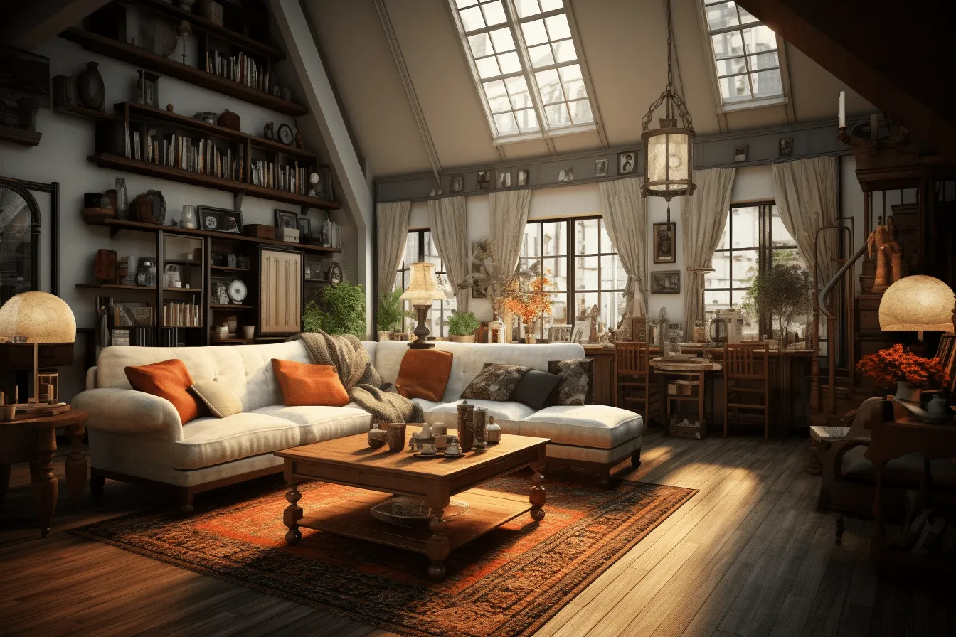 Brown chair in the room, unreal engine, romantic interiors, orange, witchy academia, 32k uhd, industrial themes, richly layered