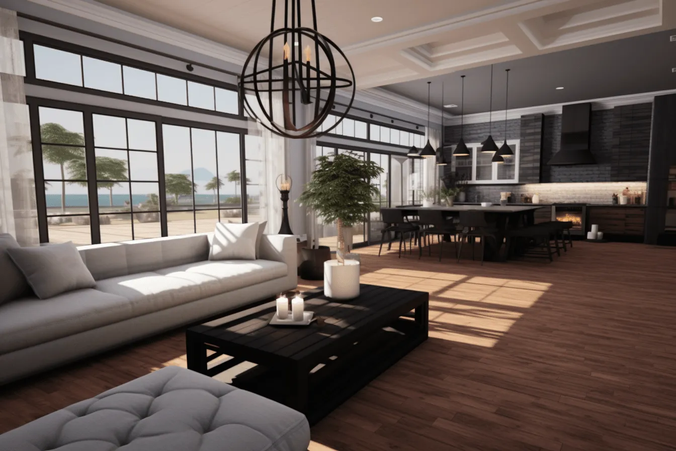 Open floor plan living room with windows and doors, unreal engine 5, coastal scenes, light black and black, traditional craftsmanship, highly realistic, intense shading, bryce 3d