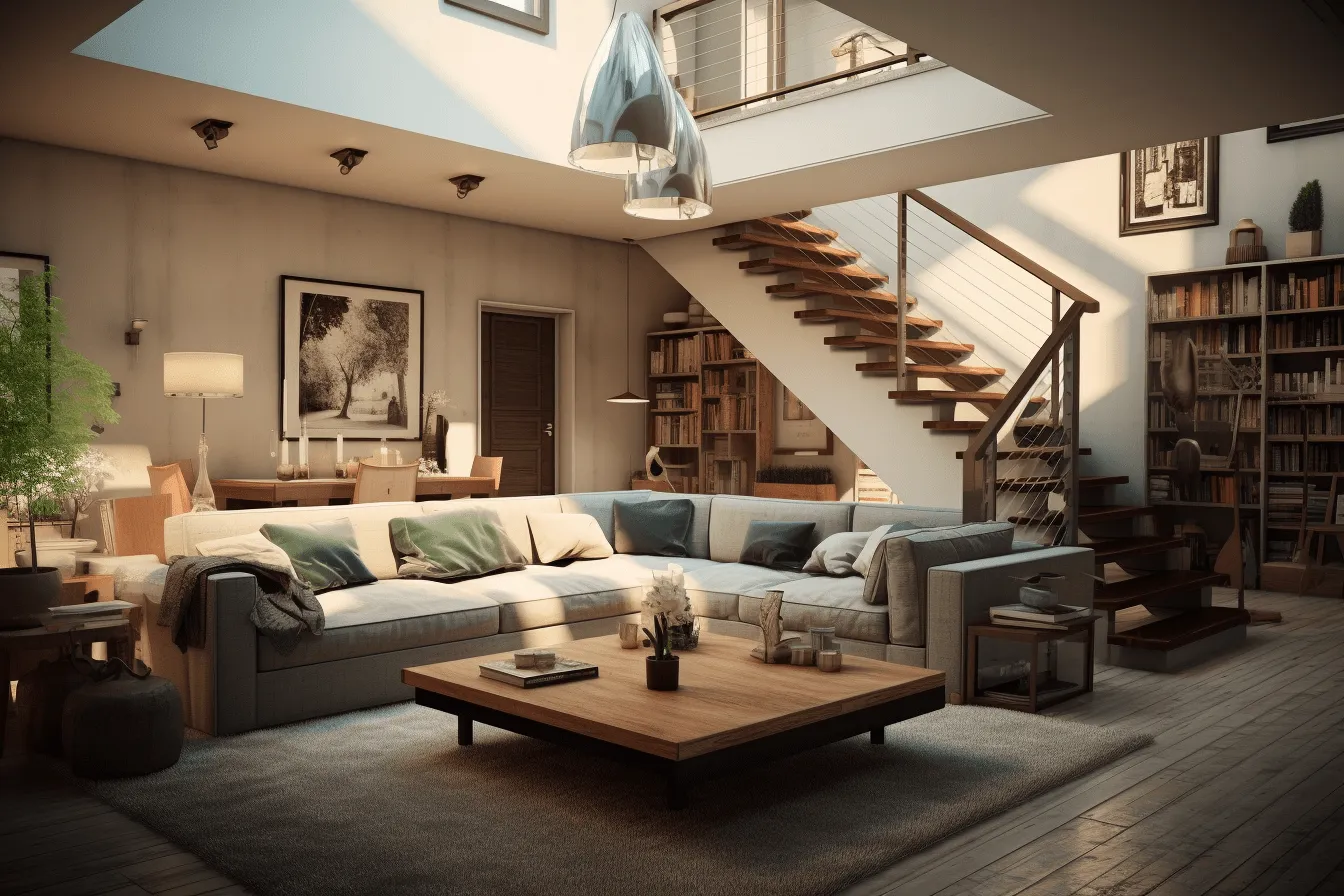 Open home with large modern furniture and stairs, realistic hyper-detailed rendering, atmospheric environments, rendered in maya, golden light, rustic impressionism