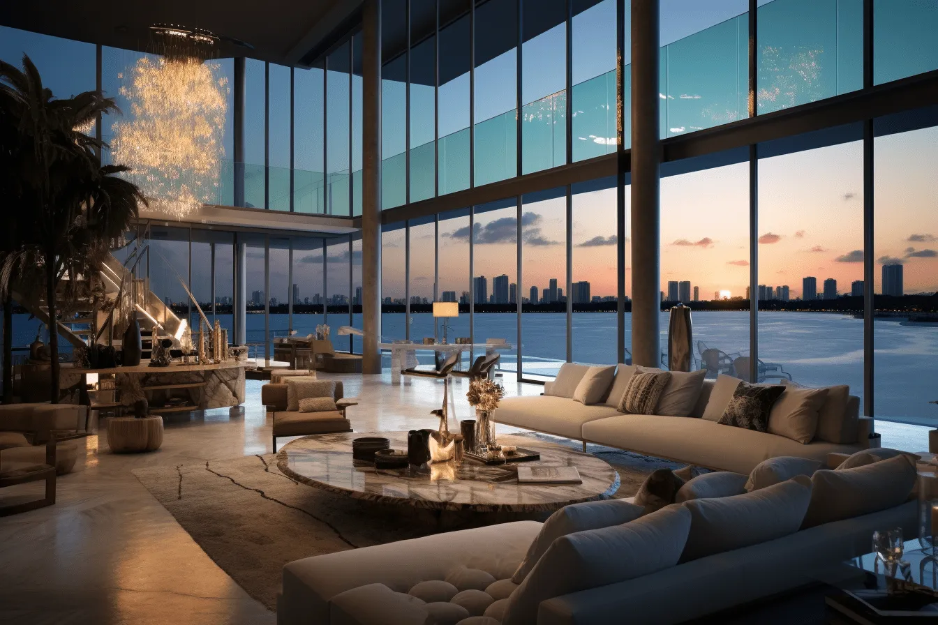 Open living room with glass windows over the ocean, silhouette lighting, monumental scale, lifelike renderings, iconic, sfumato, captivating skylines, digitally enhanced