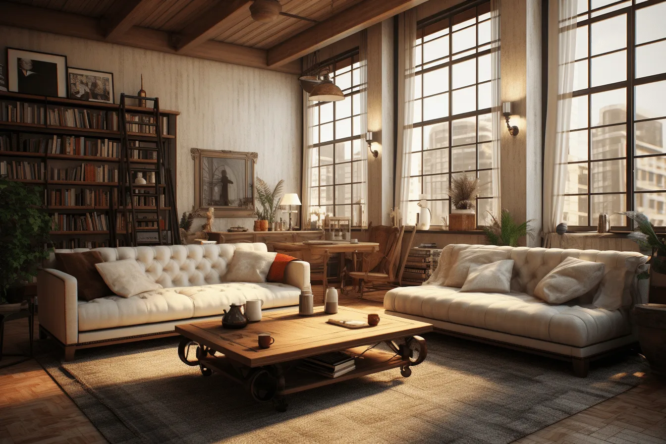 Living room furniture and windows, industrial themes, 32k uhd, light white and light amber, photorealistic fantasies, historical reproductions, industrialization, wood