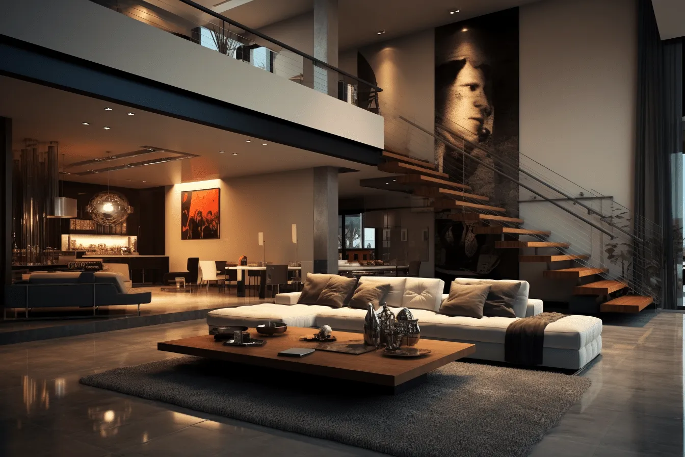 Open loft living room interior designs with black walls, digitally manipulated images, elegant, emotive faces, dark white and amber, photo-realistic techniques, design by architects, planar art, highly staged scenes