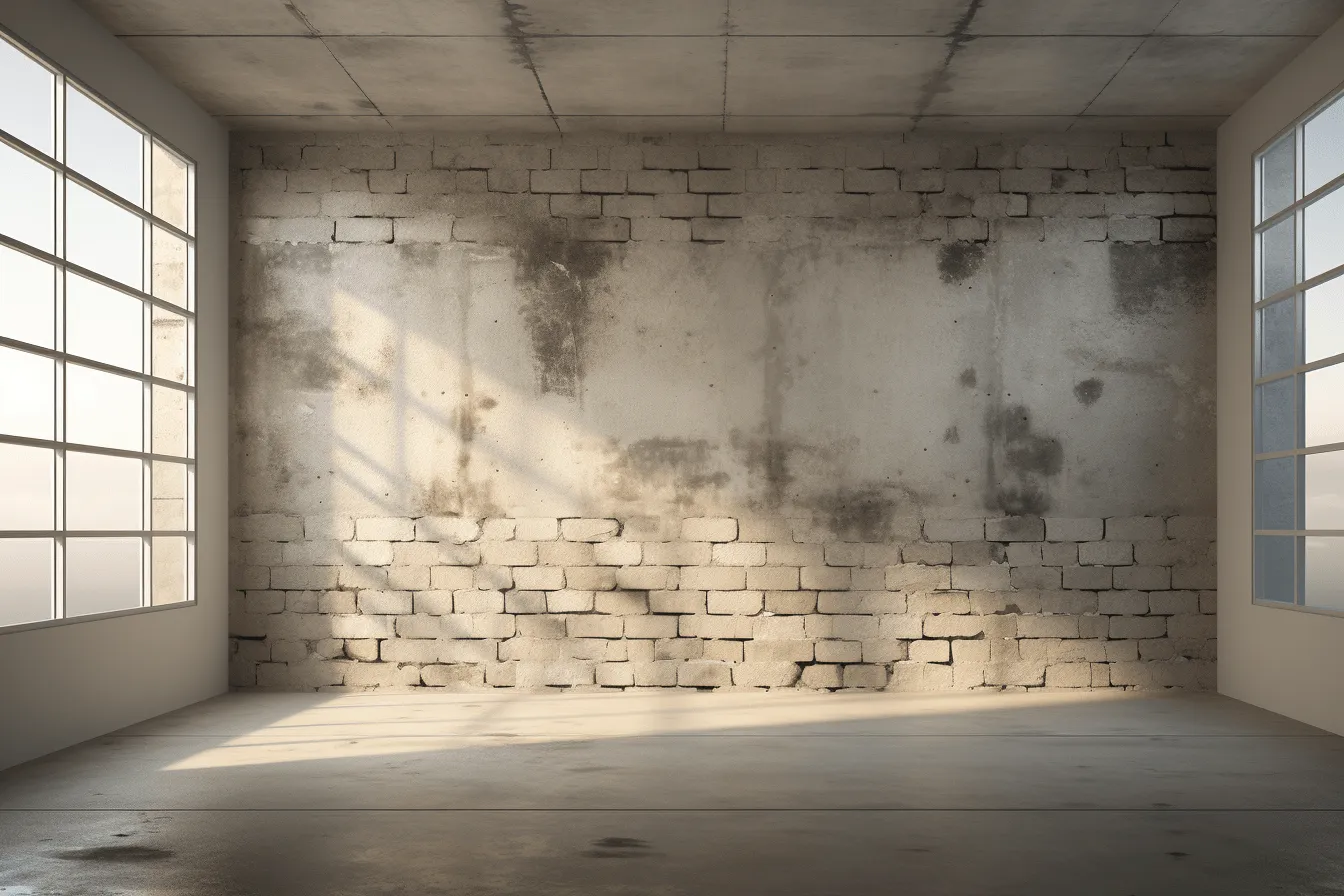 Empty emptiness room with concrete wall and large window, zbrush, faded memories, backlight, masonry construction, organic material, disintegrated, associated press photo
