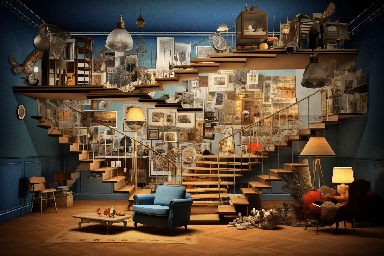 Old and very fancy stairwell, full of things, photorealistic renderings, playful collage, dark blue and brown, cluttered, pictorial space, witty and clever cartoons, national geographic photo
