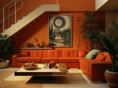 Orange Couch And Potted Palm Moss