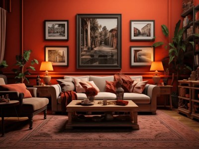 Orange Living Room With Couch, Lamps And Pictures
