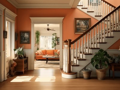 Orange Living Room With White Oak Stairs And A Wood Bench In An Entryway