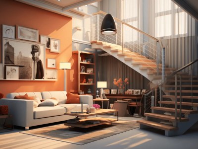 Orange Wall And White Staircase In This Living Room