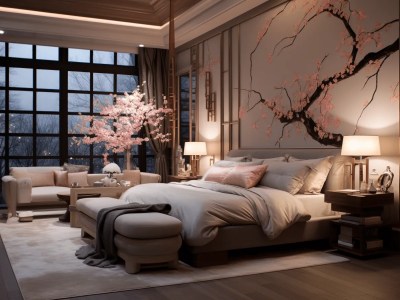 Oriental Themed Bedroom With Floral Trees On The Walls