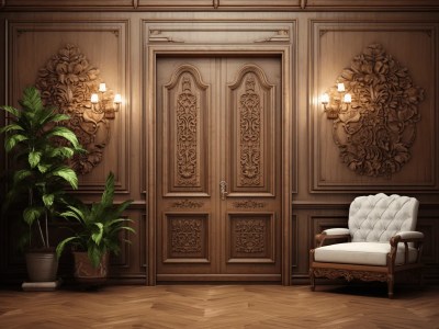 Ornate 3D Wooden Room With Ornate Wooden Doors And Elegant Chairs