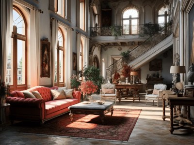 Ornate Abode Decorated With A Red Couch