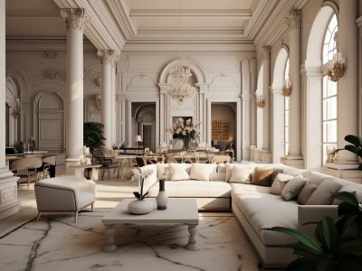 Ornate Living Room With White Couches And Marble Floors