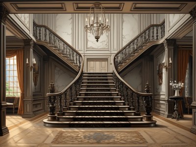 Ornate Staircase Is Leading Up Into A Hall Of An Old House