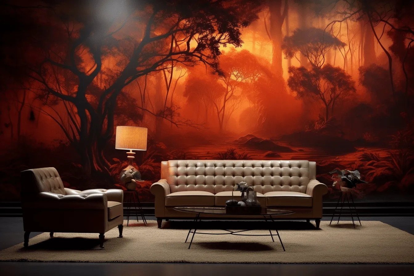Orange abstract wall panel with jungle trees in the background, dark fantasy creatures, photorealistic renderings, dark red, living materials, atmospheric installations, wallpaper, australian landscapes