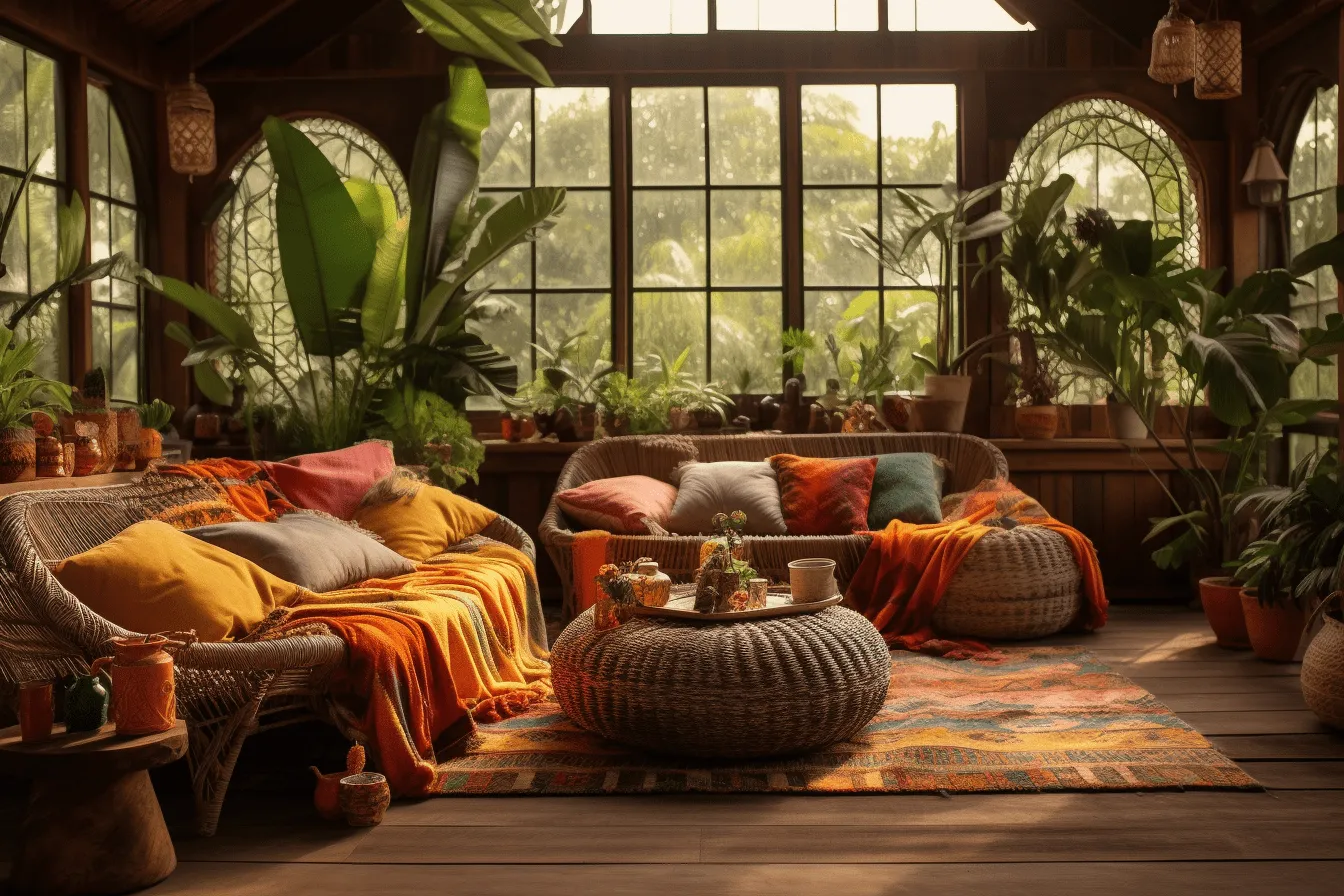 Orange and brown living room in the middle of a tropical forest, vray tracing, vintage atmosphere, woven/perforated, daz3d, colorful, folkloric themes, misty atmosphere
