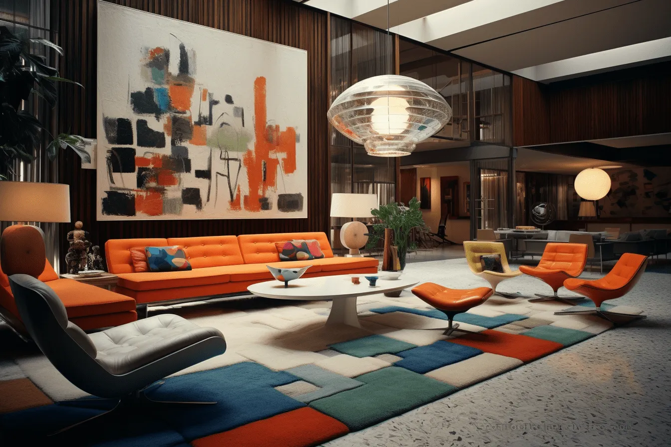 Orange and orange art glass pendant light fixtures are found in the living room, rendered in unreal engine, mid-century, eclectic montage, rug, design/architecture study, luxurious interiors, brutalist architecture