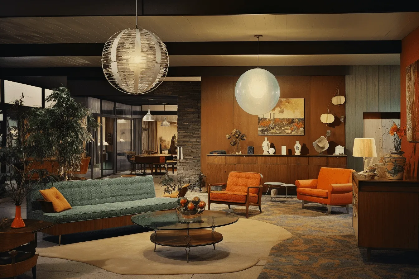 Room is dominated by a coffee table, retro visuals, spherical sculptures, dark orange and dark aquamarine, 32k uhd, commercial imagery, vintage americana, velvety textures