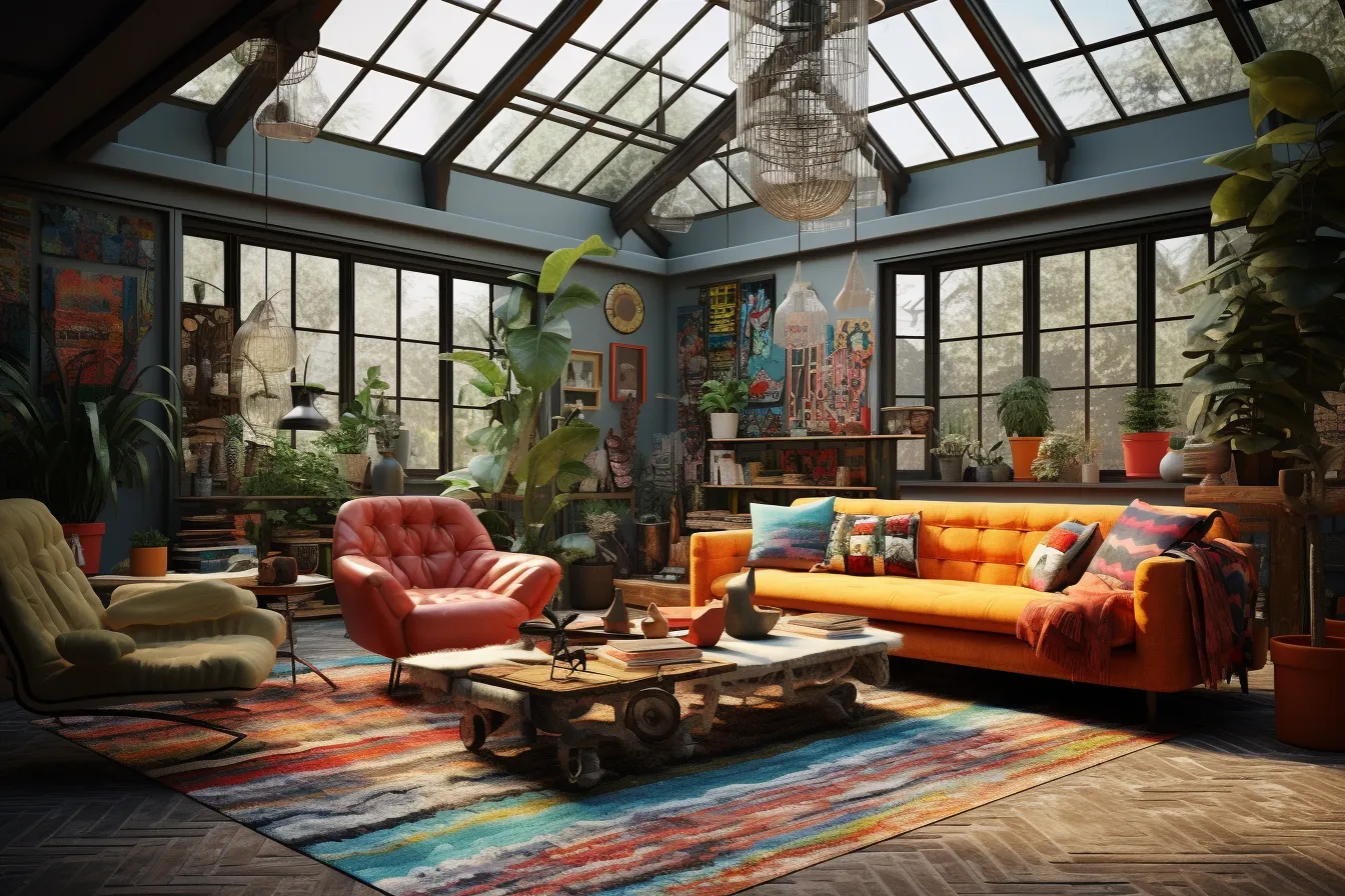 Orange couch and colorful table, cinematic sets, spatialism, highly detailed foliage, 32k uhd, dutch genre scenes, industrial feel, eclectic design