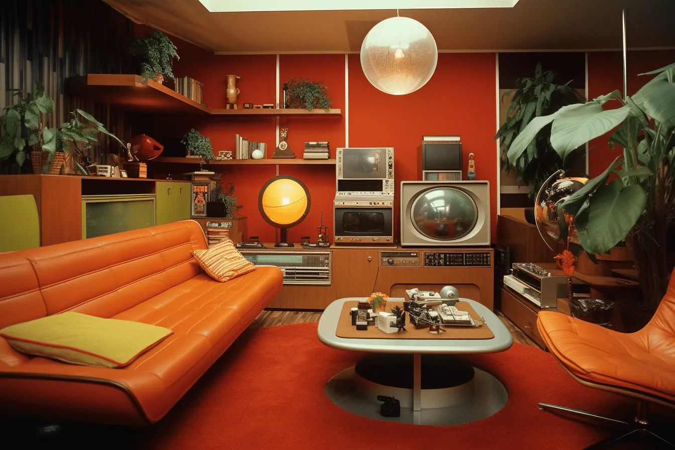 Orange couch in an orange colored room, vintage sci-fi, 1970s, electronic media, adox silvermax, , dark red and dark green, electric color schemes
