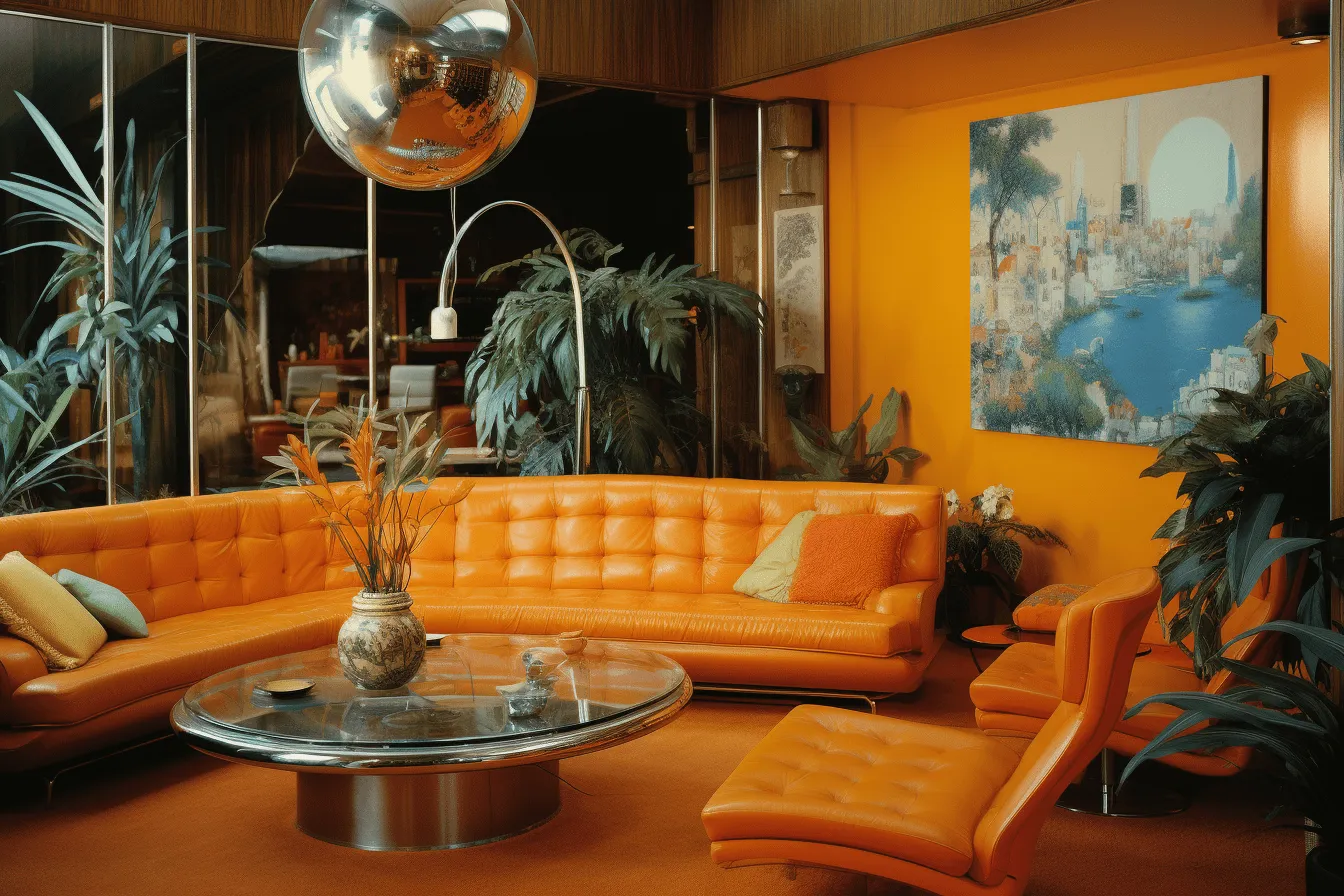 Couch with orange cushions, vintage sci-fi, american modernism