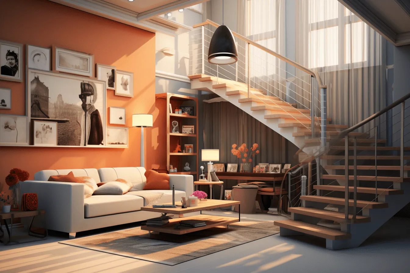 Orange living room with a dark blue couch, realistic portrayal of light and shadow, multi-layered, lifelike renderings, light orange and white, high contrast lighting, dreamlike architecture, utilizes