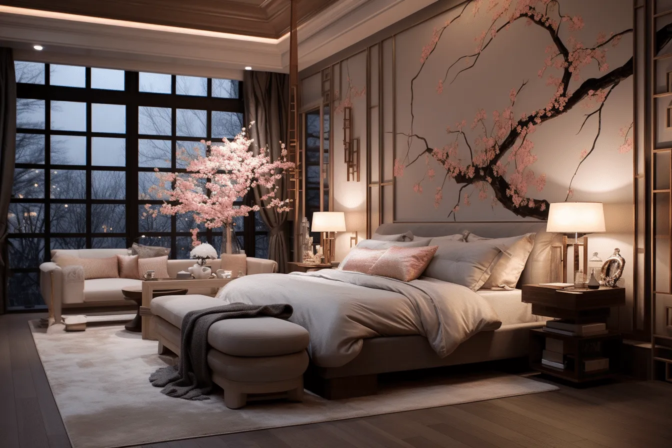 Bedroom that is decorated with a lot of roses in it, cherry blossoms, vray tracing, shang dynasty, realistic and hyper-detailed renderings
